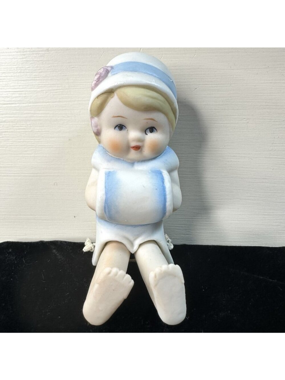 Shackman Vintage Hand Painted Small Porcelain Bisque Muff Doll Dangle Legs Japan
